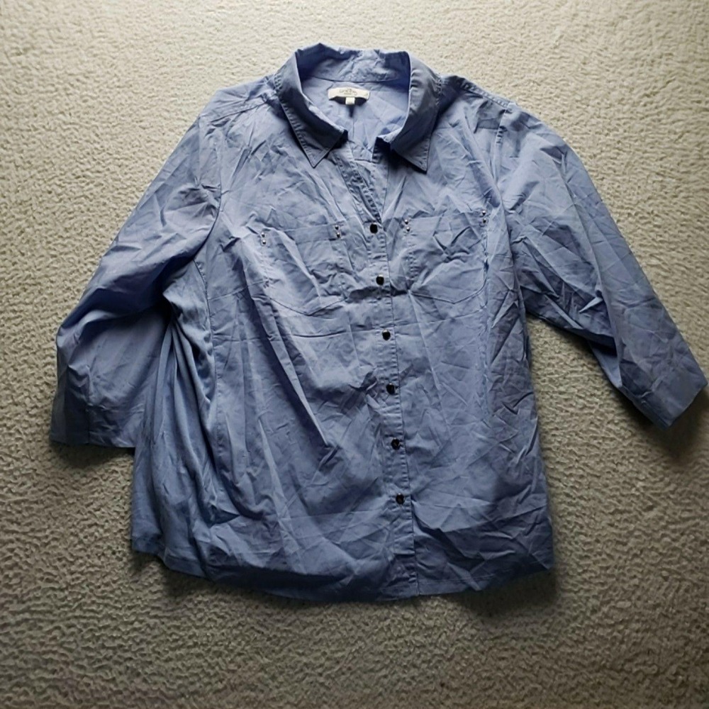 Coral Bay Button Up Shirt Womens Plus 2X Blue Collared 3/4 Sleeve Solid Top